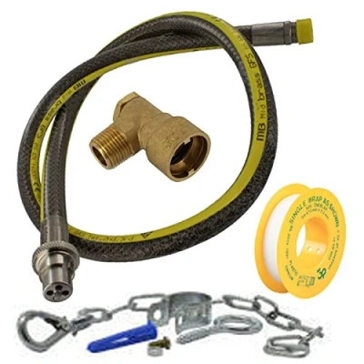 Image of SPARES2GO Universal Oven Cooker Gas Supply Hose, PTFE Pipe Tape, Angled Connector &amp; Safety Chain Kit (4ft 1/2 inch, Straight Bayonet, BS EN14800 CE)