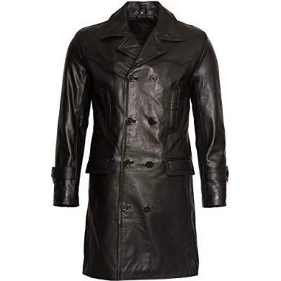 Image of Mens Classic Black Uboat German Naval Military Peacoat Cowhide Leather Jacket 3XL