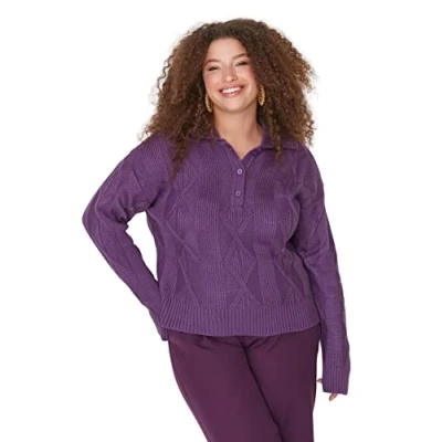 Image of Trendyol Women Plus Size Regular Double Breasted Polo Neck Knitwear Jumper Purple