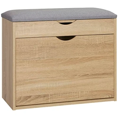 Image of HOMCOM Shoe Bench with Cushion for 4 Pair of Shoes, Storage Padded Seat, Flip up Cabinet and Hidden Space Entryway, Natural
