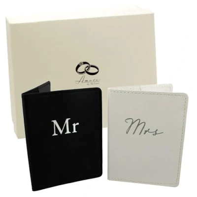 Image of Amore Set of 2 Mr &amp; Mrs Black and White Passport Holders Honeymoon