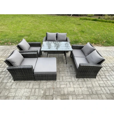 Image of Rattan Garden Furniture Set 7 Seater Patio Outdoor Lounge Sofa with Rectangular Dining Table Love Seat Dark Grey Mixed Fimous