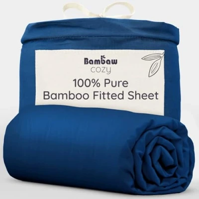 Image of Bambaw Fitted Sheet 160x200 cm, 100% Bamboo Sheet, Navy Soft Bed Summer and Winter Bedding, For Deep Mattress