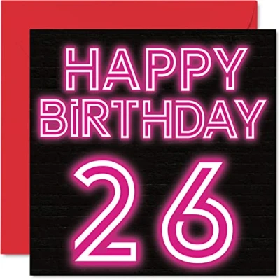 Image of Fun 26th Birthday Cards for Men Woman Neon Glow Happy Card Son Daughter Brother Sister Uncle Auntie Niece Nephew Cousin, 145mm x Greeting Cards,
