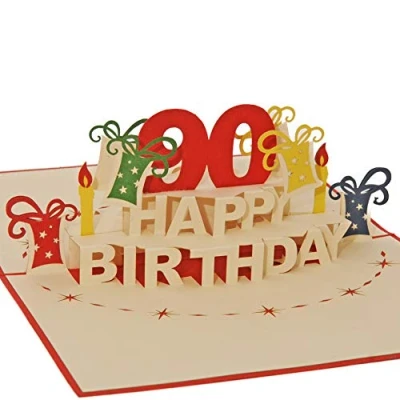 Image of Favour Pop Up Round 90 Years. An original Birthday 3D Greeting Card, a hand crafted delicate work of art that is open the Red Envelope. Beauty Design TA90R