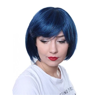 Image of Prettyland Blue Black Short Hair BOB Cut Straight Wig with Bangs Natural Matt for Daily Life Fashion C555