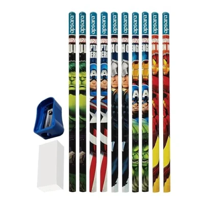 Image of Marvel Avengers Novelty Pencils, Pack of 10, Pencils Sharpener Eraser Multipack, School Office Home Nursery Use, Gift Pack, iZOFAX Black Ball Pen