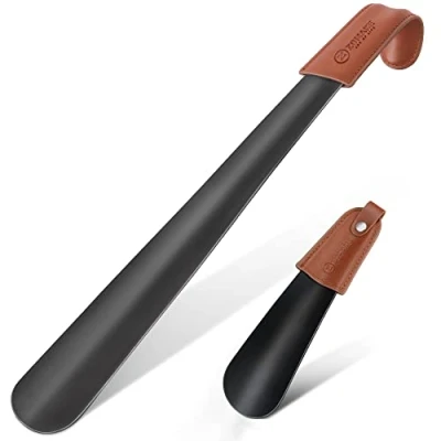 Image of ZOMAKE Metal Shoe Horn 2Pcs 42cm Shoehorn Long Handled Lazy Helper with Leather Handle,Extra Horns for Men Women the Elderly,17cm Small Shoehorns (42&amp;17cm)