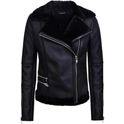 Image of Women&#039;s Black Leather Shearling Sheepskin Biker Jacket L