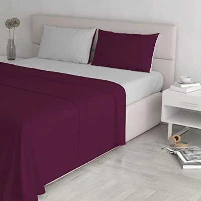 Image of Italian Bed Linen Natural Colour Sheet Set, Cotton, Plum/Light Grey, Double