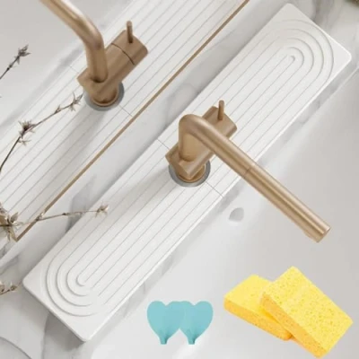Image of Instant Drying Stone Sink, Faucet Mat for Kitchen Diatomite Sink Tray Quick Dry, Splash Guard, Absorbent Bathroom Counter (White, 60 * 10 cm)