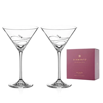 Image of DIAMANTE Martini Cocktail Glasses Pair &#039;Soho&#039; Embellished with Swarovski Crystals Gift Box of 2