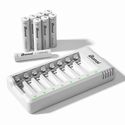 Image of BONAI Universal Battery Charger 8 Slots, with AAA Rechargeable Batteries 1100 mAh Ni MH, USB Slots Quick Charge Batteries…