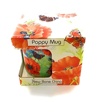 Image of Beautiful Fine Bone China Mug Poppy and Butterfly Design Presented in a Quality Gift Present Box