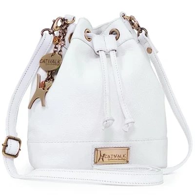 Image of Catwalk Collection Handbags Women&#039;s Leather Crossbody Bag Drawstring Bucket Small/Medium Adjustable Shoulder Strap ROCHELLE White