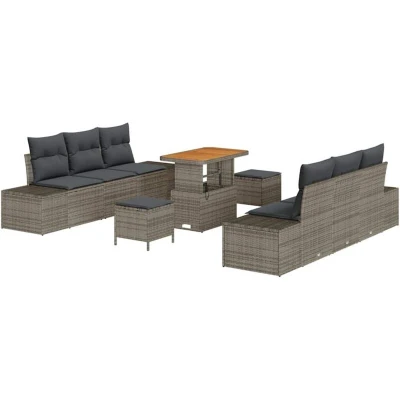 Image of vidaXL 9 Piece Garden Sofa Set with Cushions Grey Poly Rattan Acacia