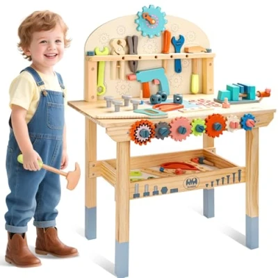 Image of medoga Tool Bench for Kids Toy Play Workbench Wooden Workshop with Tools Set Construction 3 4 5 Year Old Boys and Girls