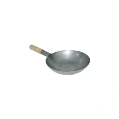 Image of Vogue Flat Base Mild Steel Wok Frying Pan 330mm, Heat Resistant Wooden Handle, Rustic Design, Commercial Restaurant or Home Kitchen Use K296