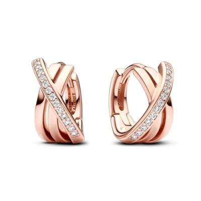 Image of Pandora Signature Crossover Pavé 14k rose Gold plated Hoop Earrings with clear cubic zirconia