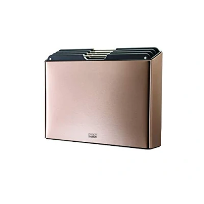 Image of Joseph Folio 4 Piece Colour coded Chopping Board Set, Steel Slimline Case for Organised Kitchen Storage, Large, Rose Gold