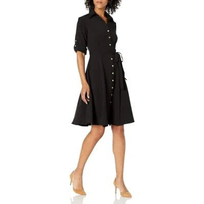 Image of SHARAGANO Women&#039;s Button Front Pleated Shirt Dress Casual, Black, 20