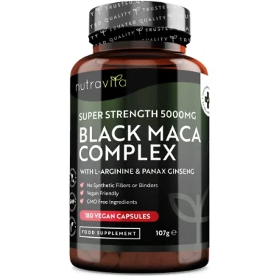 Image of Maca Root Capsules 5000mg (High Strength) 180 Vegan Black (6 Month Supply) Not Tablets 100% Peruvian with L Arginine, Panax Ginseng &amp; Pepper Made in UK by Nutravita