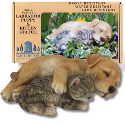 Image of G&amp;H Decor 18cm Sleeping Cat and Dog Garden Ornaments Hand Painted Statues Outdoor with Amazing Detail Weather Resistant Animals Resin