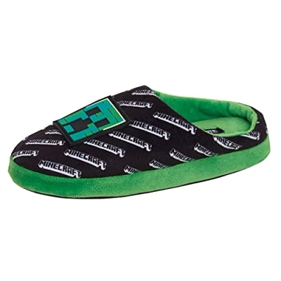 Image of Minecraft Mens Slippers Teen Creeper Gamer Open Back Slip On Mules House Shoes Black 12 UK