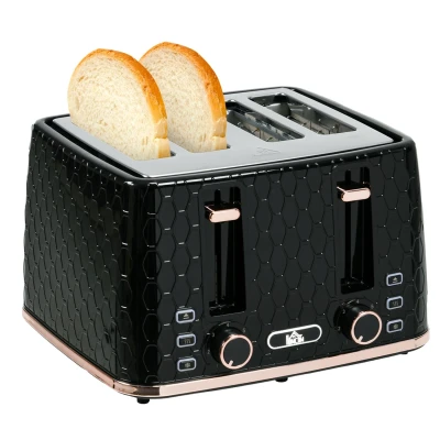 Image of HOMCOM 4 Slice Toaster with 7 Browning Levels, High Lift, Reheat/Defrost/Cancel, Self centring Function, Removable Crumb Tray, Auto Off, 1600W, Black Honeycomb Texture
