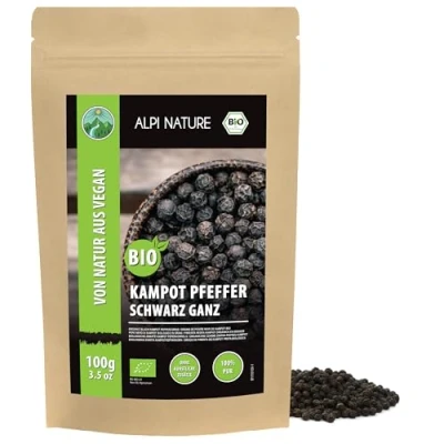 Image of organic black Kampot pepper (100g, 3.5oz), peppercorns from controlled cultivation, laboratory tested, 100% pure and natural