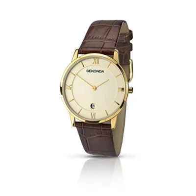 Image of Sekonda men&#039;s quartz Watch with beige Dial analogue Display and brown leather Strap 1041