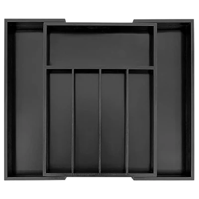Image of VaeFae Bamboo Silverware Organizer, Expandable Kitchen Drawer Organizer for Cutlery, Wooden Utensil Holder, Multi Function Storage (Black)