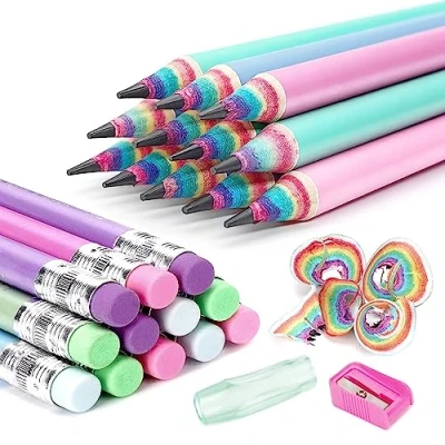 Image of Hanffero Rainbow Pencils, Writing Drawing Pencil with Rubber, Recyclable Paper Material, Pre Sharpened, for School and Office Hardness #2 HB (Pack of 24)