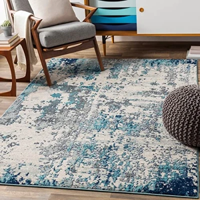 Image of Livabliss Moroni Abstract Rug Area Rugs Living Room 200x274 cm, Dining Room, Lounge, Kitchen, Bedroom Modern Marble Rug, Soft Luxurious Easy Care Medium Pile Large Silver, Blue and Grey