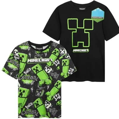 Image of Get Trend Minecraft Top Boys Teens T Shirts 2 Pack Soft Breathable Creeper Short Sleeve Casual Summer Gamer Tops Multipack (9 10 Years, Black Pck)