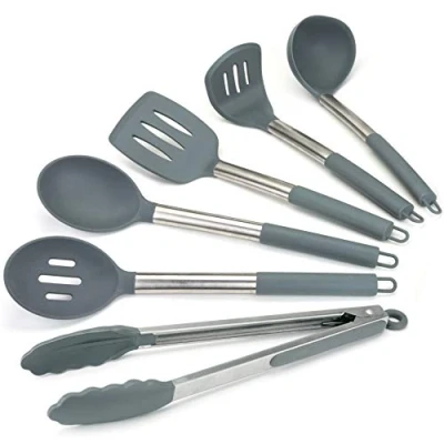Image of Lantana Premium 6pc Silicone Kitchen Utensil Set for Cooking. Sleek Grey and Brushed Stainless Steel. Includes; Tongs, Serving Spoon, Slotted Spoon &amp; Turner, Ladle, Potato Masher