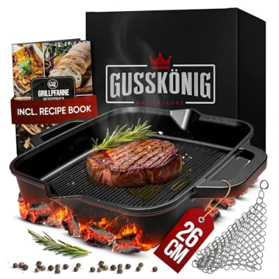 Image of Gusskönig Pre Seasoned Cast Iron Skillet Frying Pan 26cm Oven Safe Cookware for Indoor &amp; Outdoor Use, Induction, Incl. Leather Handle, Scrubber and Recipe Book