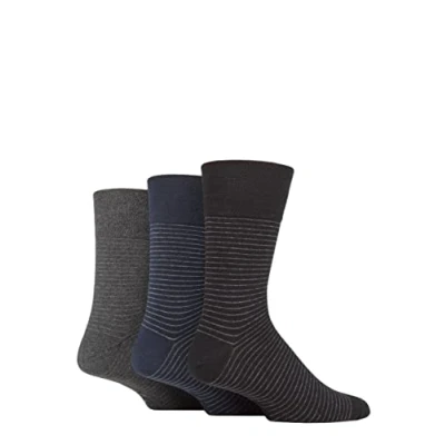 Image of Mens 3 Pair Gentle Grip Cotton Argyle Patterned and Striped Socks Stripe Black / Navy Charcoal 6 11