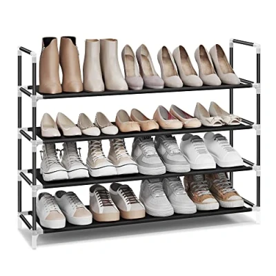 Image of SONGMICS 4 Tier Shoe Rack, Storage for Hallway Closet, Slim and Space Saving, Metal Frame, Non Woven Fabric Shelves, Black LSH054B01
