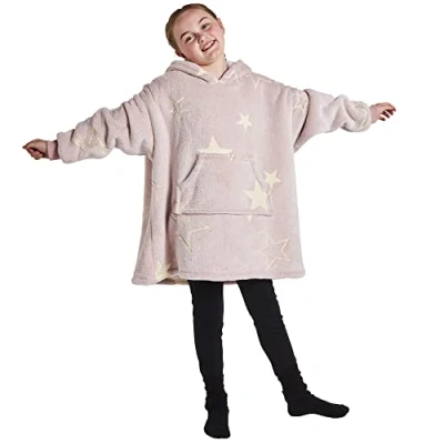 Image of Silentnight Oversized Blanket Hoodie Kids Glow in the Dark Giant Hoody Sherpa Fleece Super Soft and Snuggly Girls Blush Pink, 558730GE,
