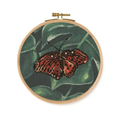 Image of DMC Red Butterfly Cross Stitch Kit, Includes Embroidery Threads, Needle, Wooden Drum and Instructions
