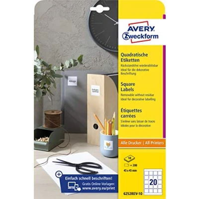 Image of AVERY Zweckform 6252REV 10 Square Labels (200 Adhesive Labels, 45 x mm on A4, QR Code Stickers for Printing, Removable Without Residue, Self Labels) Sheets, White