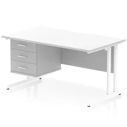 Image of Impulse 1400 x 800mm Scalloped Edge Straight Office Desk White Top Cantilever Leg Workstation 1 3 Drawer Fixed Pedestal
