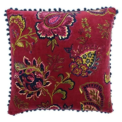 Image of Riva Paoletti Malisa Square Polyester Filled Cushion Red Paisley Indian Print Faux Velvet Fabric Blue Pompom Edges Machine Washable 100 (20&quot; x 20&quot; inches), Cotton, Pomegranate, 50 50cm