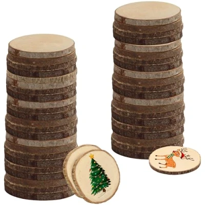 Image of Kurtzy Natural Unfinished Wood Slices (50 Pack) 6 7cm/2.36 2.76 inches Diameter Wooden Log Circles with Bark and No Hole for DIY Arts Crafts, Christmas Ornaments Wedding Decorations