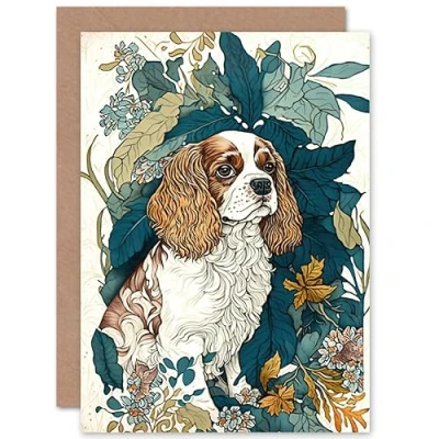 Image of Artery8 King Charles Spaniel Dog in Leafy Plants Modern Illustration Art Birthday Sealed Greeting Card Plus Envelope Blank inside