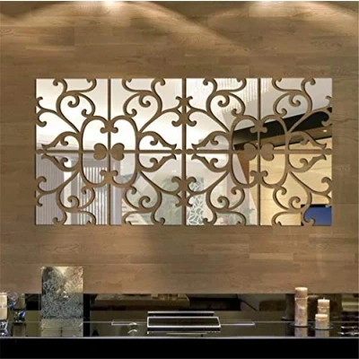 Image of 3D Mirror Wall Stickers, Acrylic Square Geometric Pattern DIY Art Decals, Self Adhesive Plastic Sheet Tiles Home Decoration for Living Room Bedroom Stair Decor (Floral 8pcs)