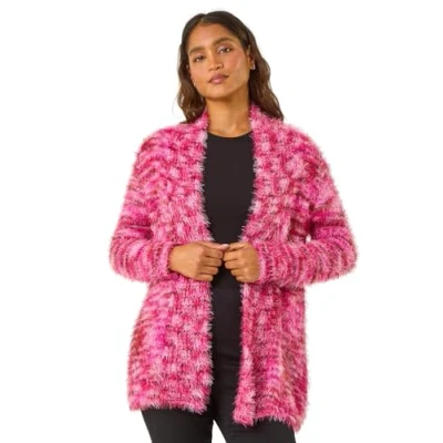Image of Roman Originals Women Fluffy Cardigan Ladies Winter Cardi Longline Edge to Ombre Coatigan Casual Sparkly Glittery Jacket Knitwear Knitted Autumn Fleecy Cosy Soft Coats Multi Pink Size 20
