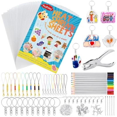 Image of Auihiay 198 Pieces Shrink Plastic Kit Include 20 Sheets Shrinky Paper, Hole Punch, Keychains Accessories and Pencils for DIY Ornaments or Creative Craft