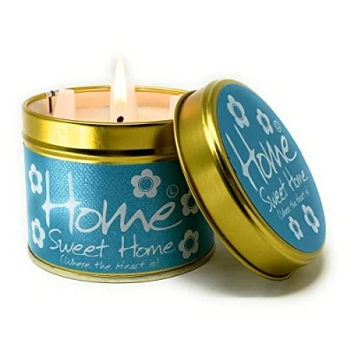 Image of Lily Flame Home Sweet Scented Tin Candle a Warm Welcome with Coconut and Vanilla Gift to Bring Smile Cruelty Free Vegan